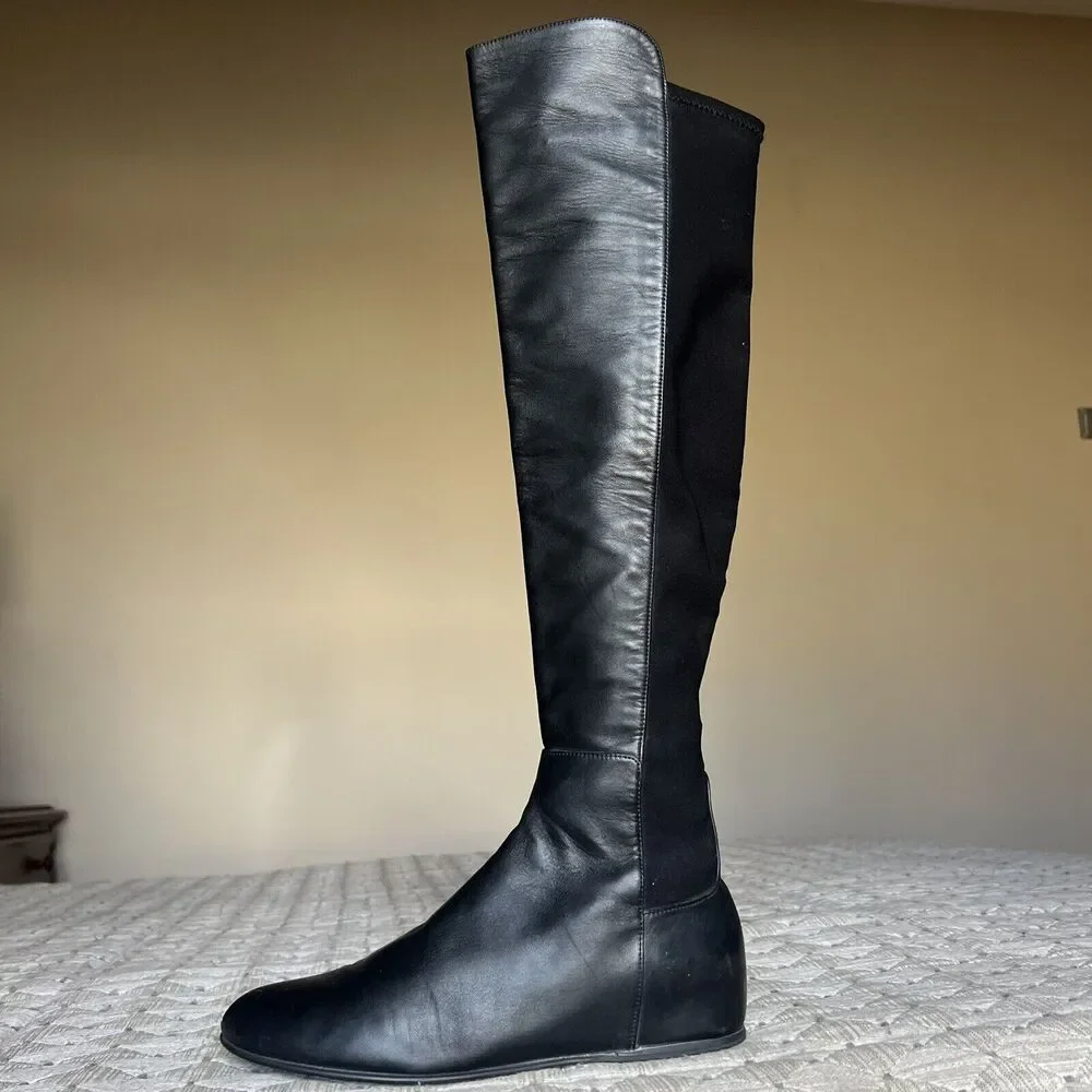 Stuart Weitzman Lander Black Leather Women 6.5 Knee High 5050 Hidden Wedge Boots